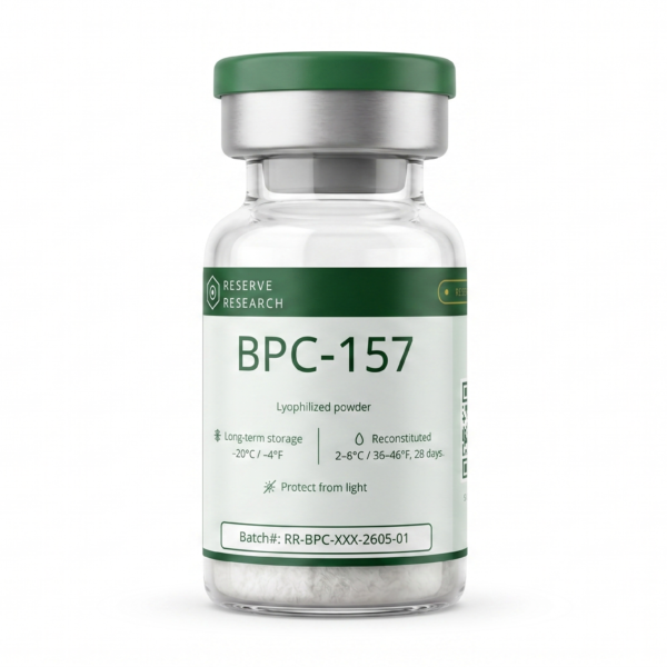Reserve Research BPC-157 lyophilized powder vial, research-grade body protection compound peptide