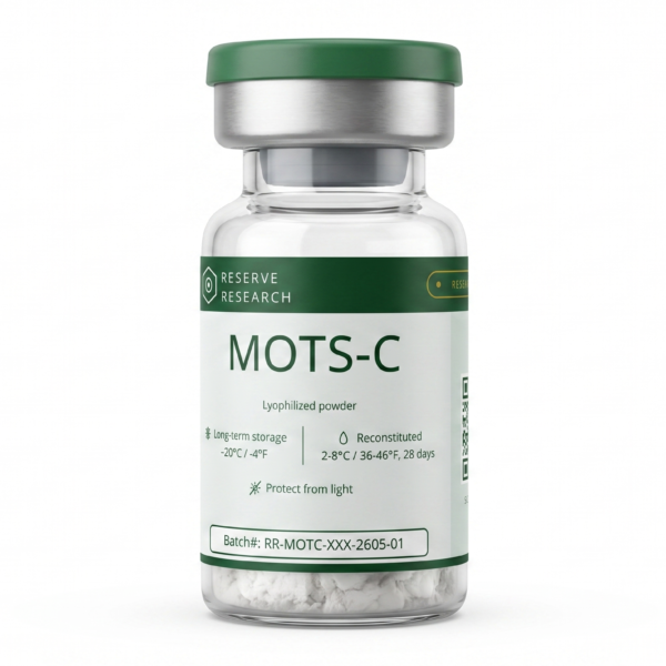 Reserve Research MOTS-C lyophilized powder vial, research-grade mitochondrial peptide for laboratory use