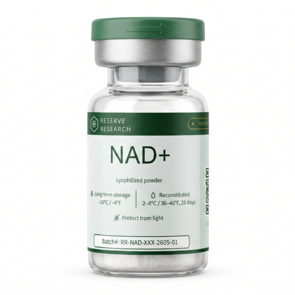 Reserve Research NAD+ lyophilized powder vial, research-grade nicotinamide adenine dinucleotide supplement
