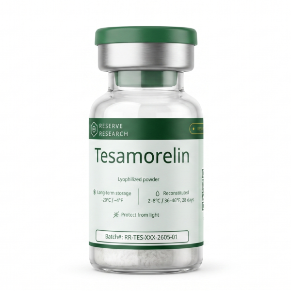 Reserve Research Tesamorelin lyophilized powder vial, research-grade peptide for laboratory use