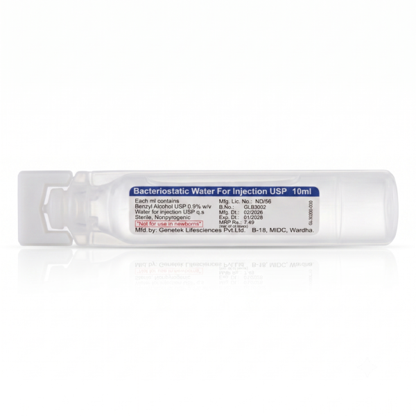 Genetek Bacteriostatic Water, 10 mL single-use ampoule with 0.9% benzyl alcohol preservative