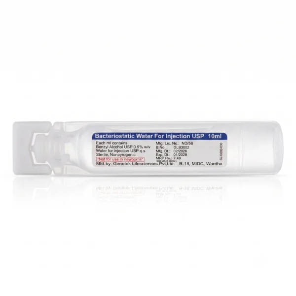 Genetek Bacteriostatic Water, 10 mL single-use ampoule with 0.9% benzyl alcohol preservative